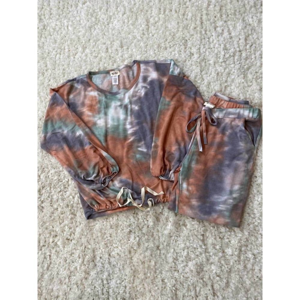 NEW BIBI women's tie dye french terry top & bottom set in blue/marsala